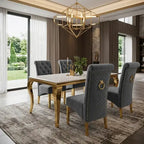 Luvon Emma Cream Marble Dining Table with Gold Frame & Grey Velvet Ring Knocker Chairs