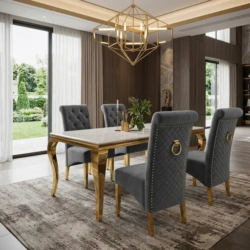 Luvon Emma Cream Marble Dining Table with Gold Frame & Grey Velvet Ring Knocker Chairs