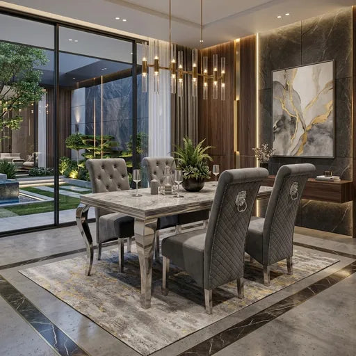 A luxury dining room set featuring a rectangular marble-top dining table surrounded by four high-back gray tufted velvet chairs with decorative lion head backrests, set on a patterned area rug in a modern, upscale interior.