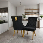 1.8m Marble Top Dining Table with 4 Velvet Lion Knocker Chairs – Black & Gold – Modern 4 Seater Dining Set Furniture