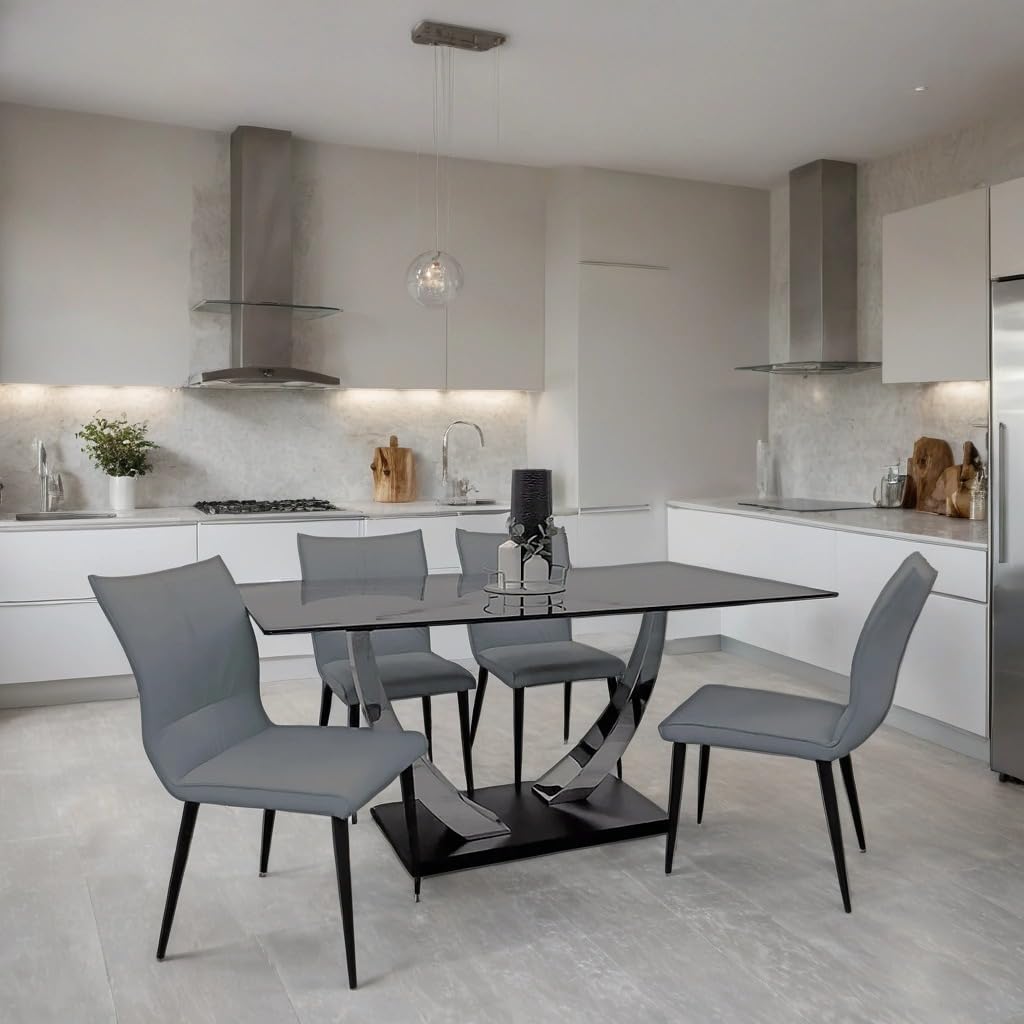 1.6m Dining Table and Chairs Set for 4 – Chrome Sintered Stone Table with 4 Flora Ruched Dining Chairs in Grey or Tan