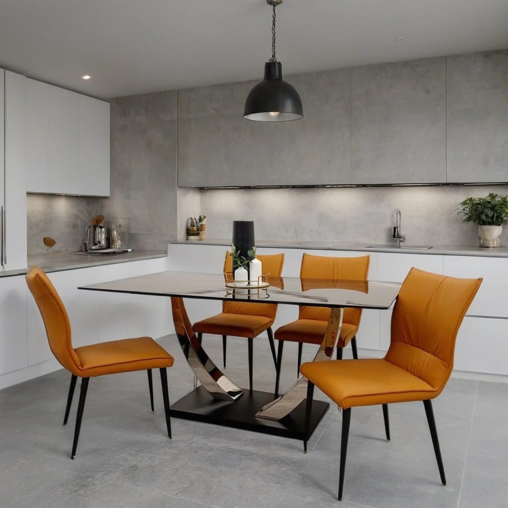 1.6m Dining Table and Chairs Set for 4 – Chrome Sintered Stone Table with 4 Flora Ruched Dining Chairs in Grey or Tan