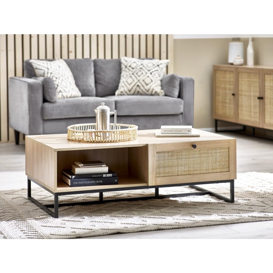 Rectangular Oak Coffee Table with Rattan Drawers – Rustic Wood Effect with Storage and Black Metal Legs