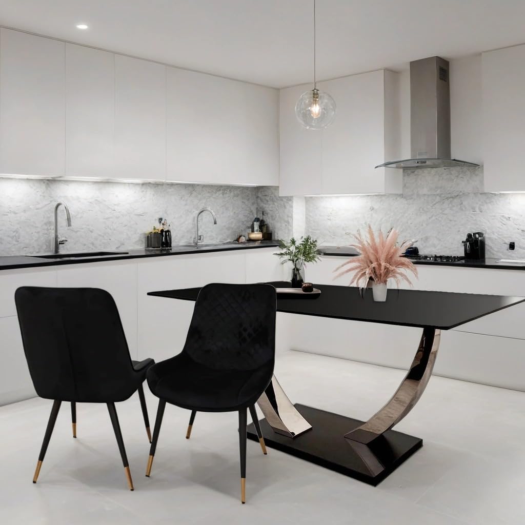 1.6m Dining Table and Chairs Set 4 – Black Sintered Stone Table with 4 Velvet Chairs – Chrome Dining Room Table Set