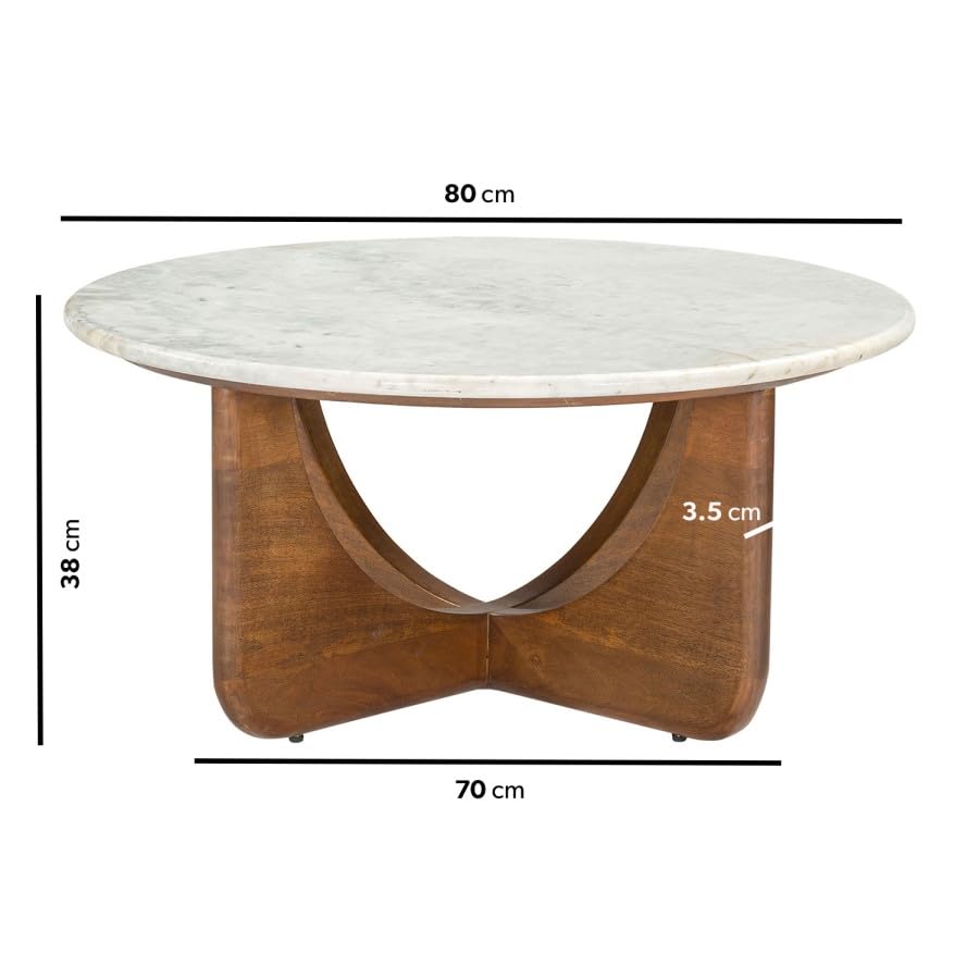 Round White Marble Coffee Table – Solid Mango Wood Base – Mid Century Modern Living Room Table – No Assembly Required