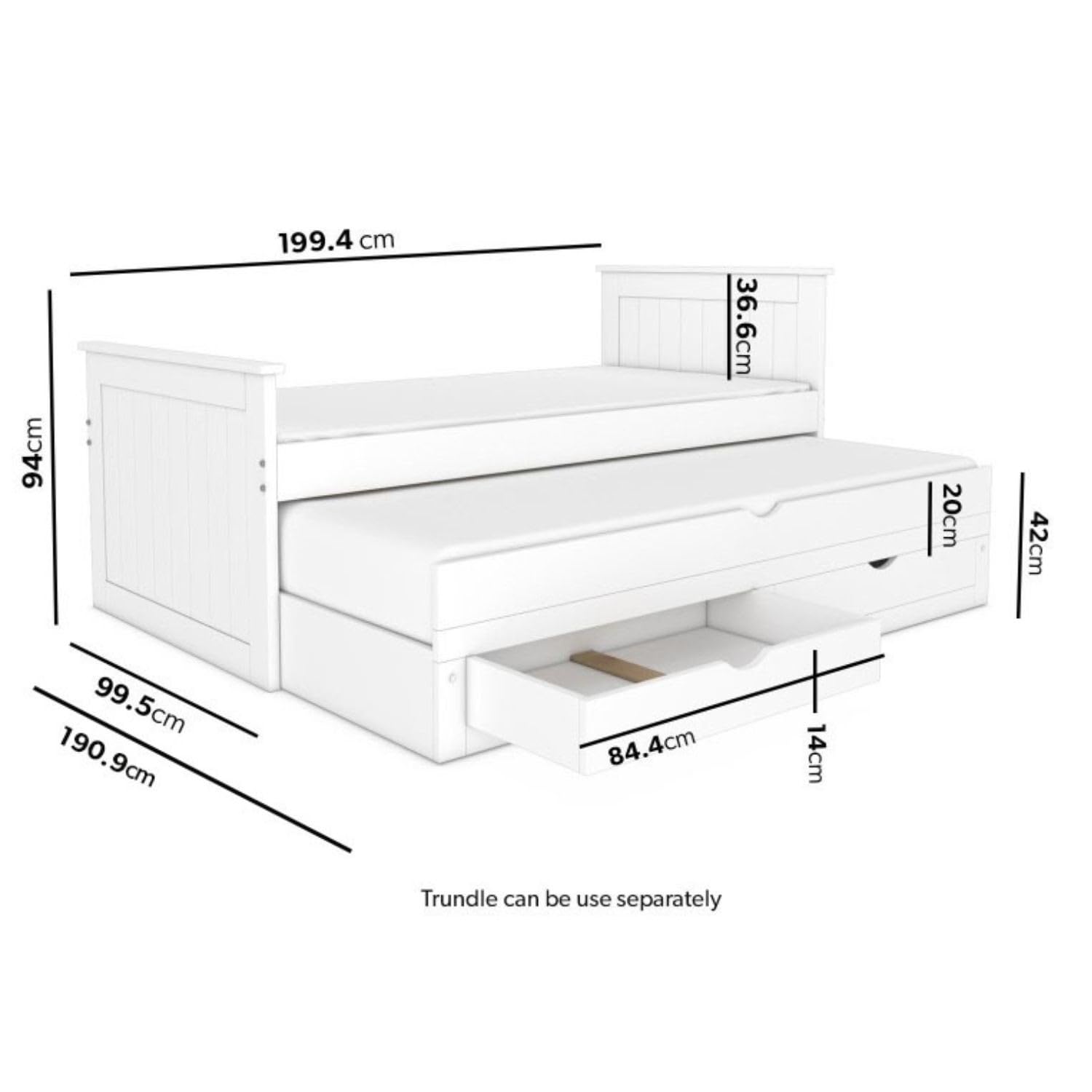 White bed with trundle and dimensions on a white background