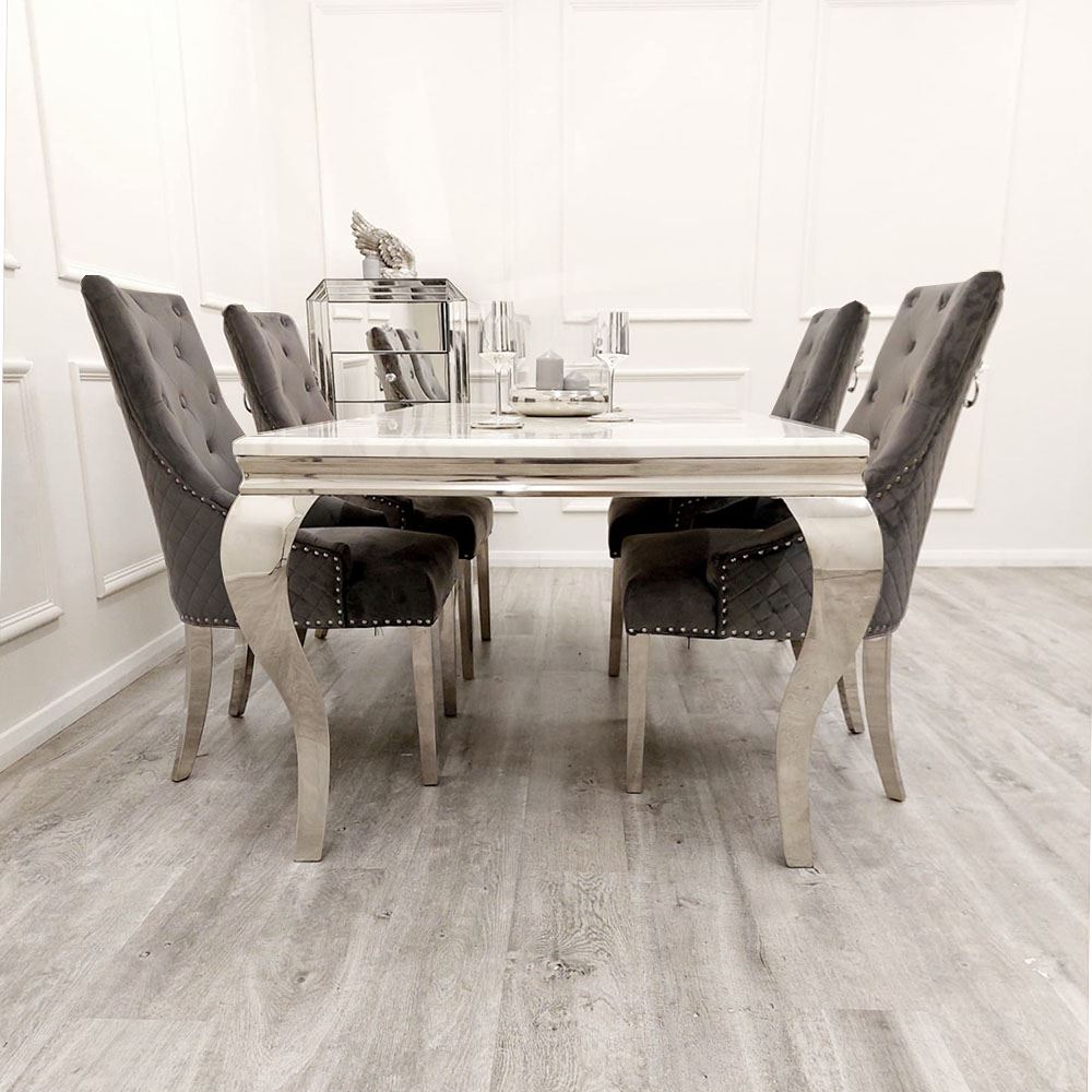 Louis Marble Dining Table – Modern Rectangular & Round Dining Room Table with Stainless Steel Base – Luxury Marble Top Dining Table for 4–6 People