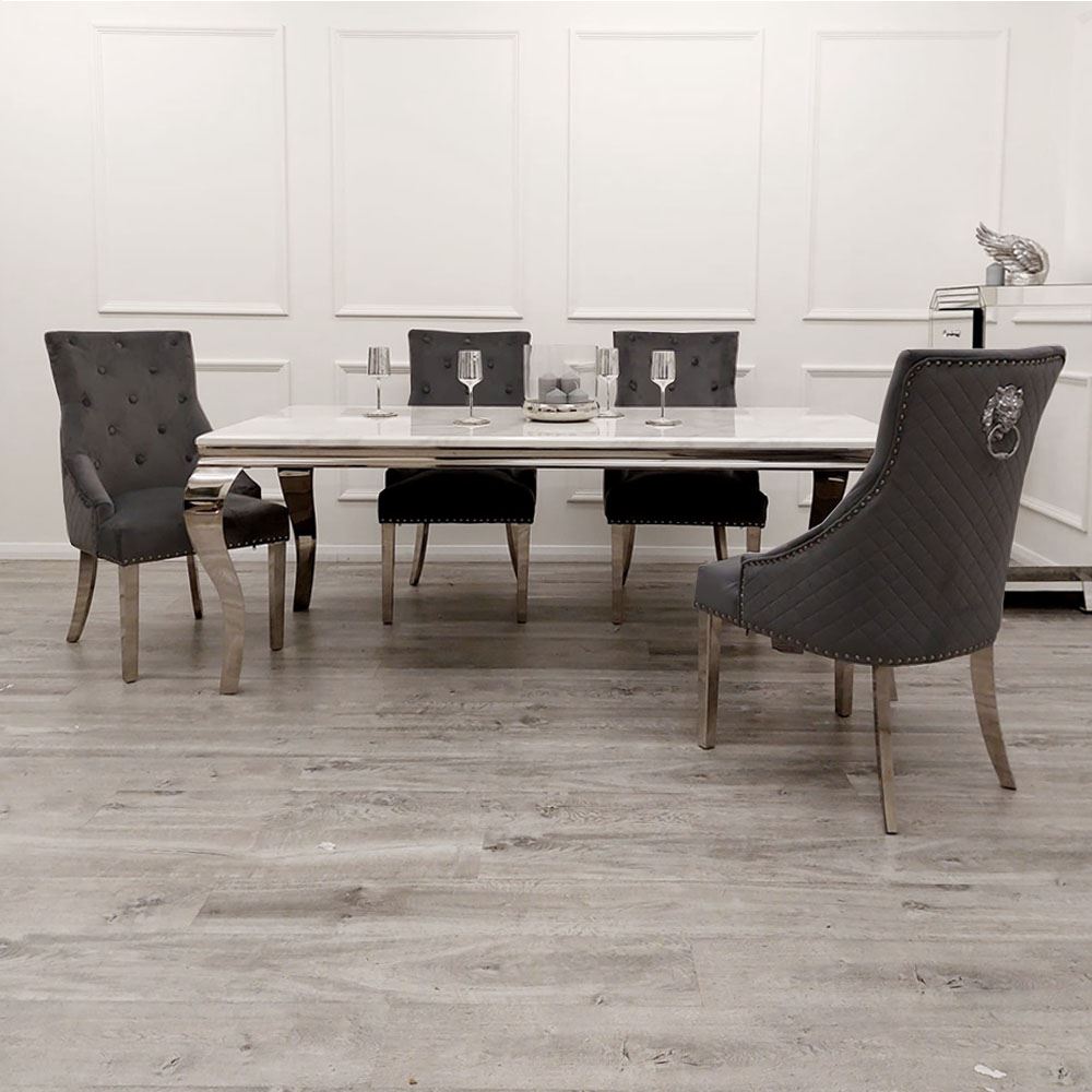 Louis Marble Dining Table – Modern Rectangular & Round Dining Room Table with Stainless Steel Base – Luxury Marble Top Dining Table for 4–6 People