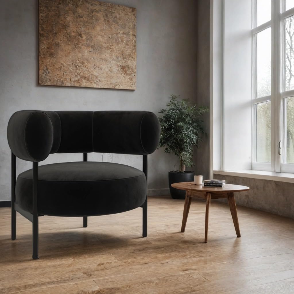 Romy Velvet Curved Armchair with Metal Legs – Recycled Velvet Lounge Accent Chair – Modern Upholstered Tub Chair – Living Room Seating
