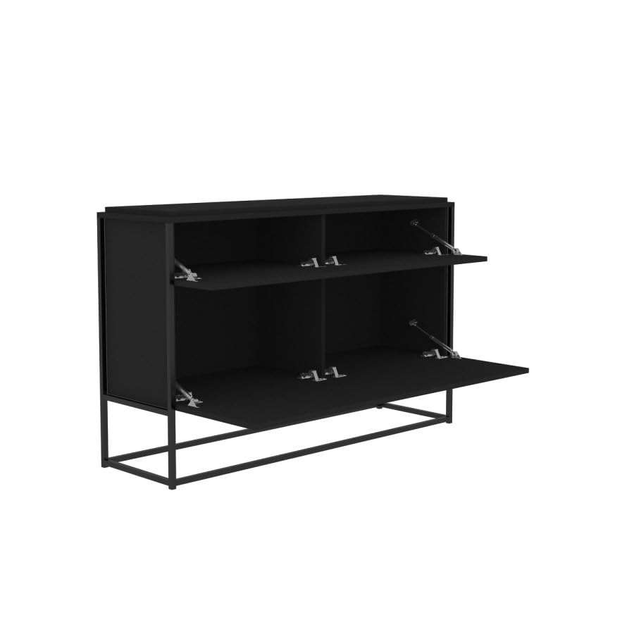 Black wall-mounted shelf with open doors on a white background