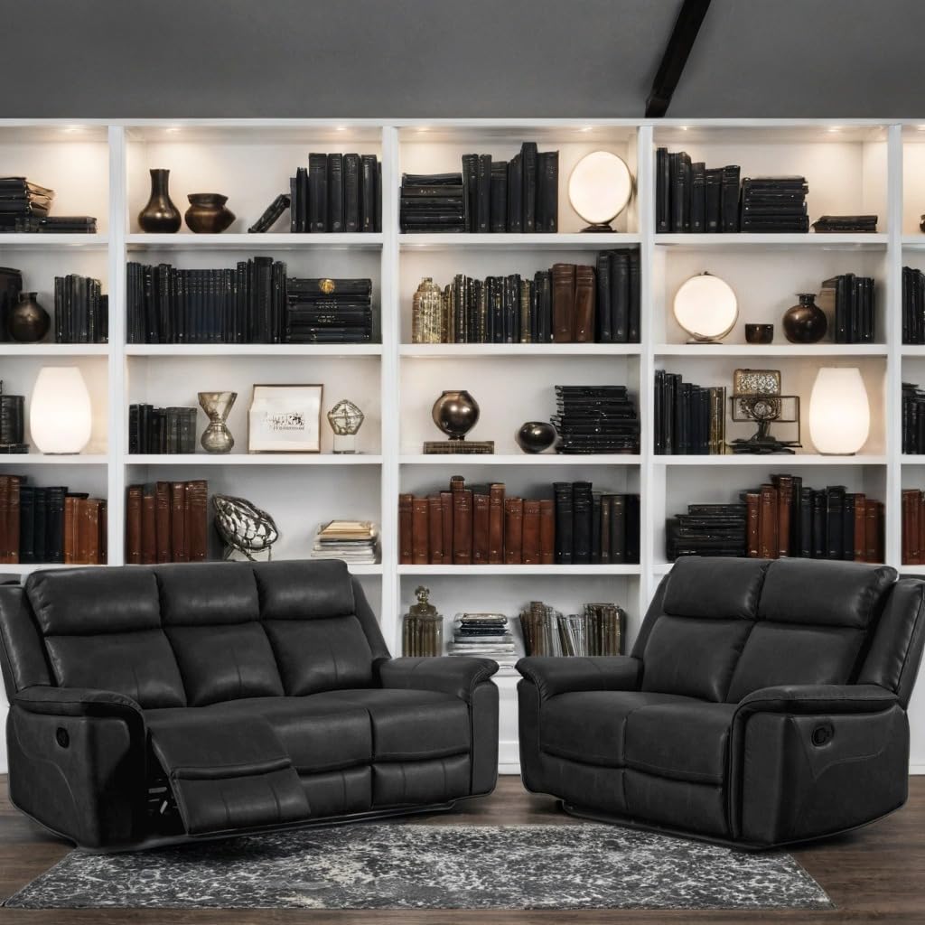 Black leather sofa set in a room with bookshelves and decorative items.