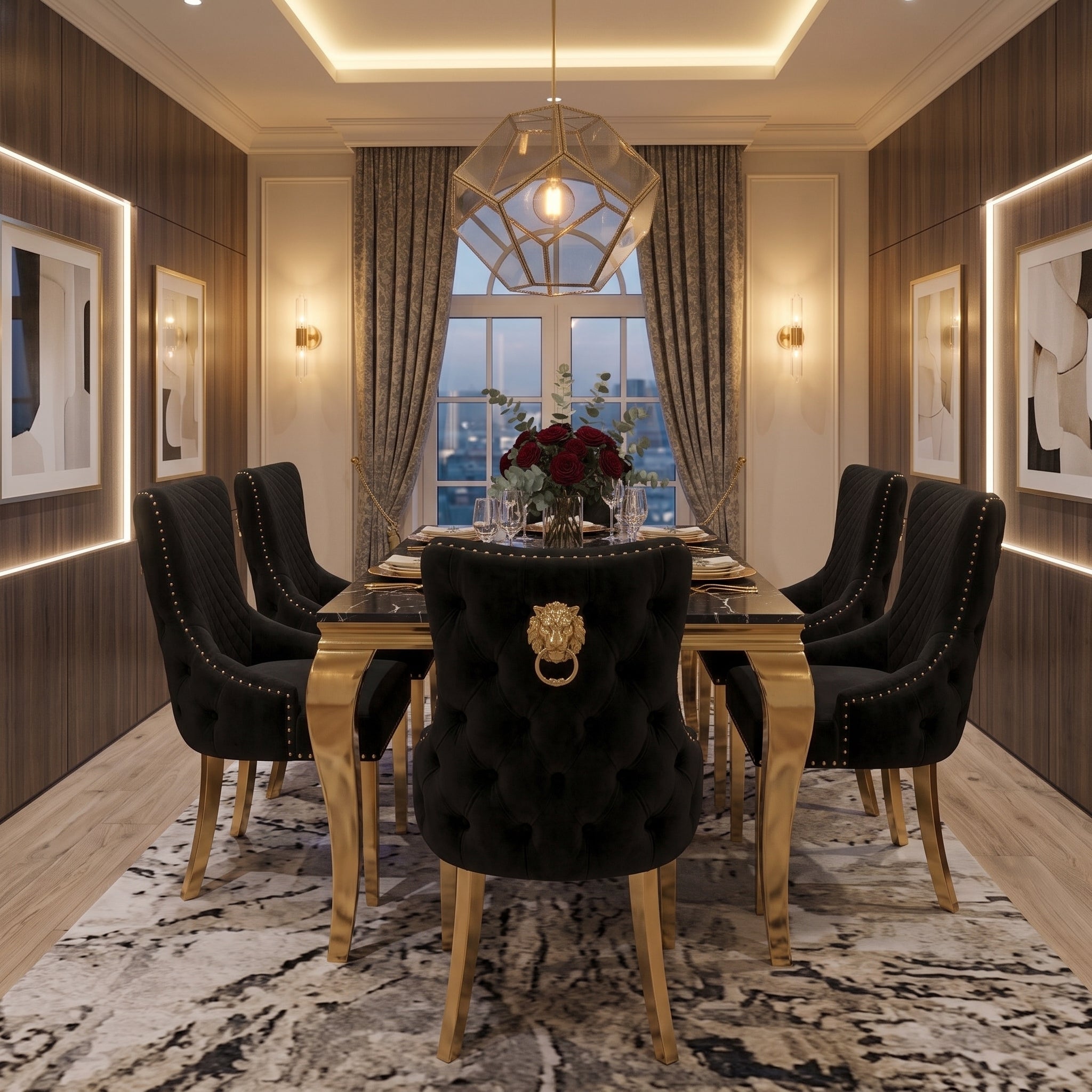 An elegant dining room featuring a black tufted velvet dining table set with six matching high-back chairs. The chairs have gold legs and a prominent gold lion-head knocker on the backrest.