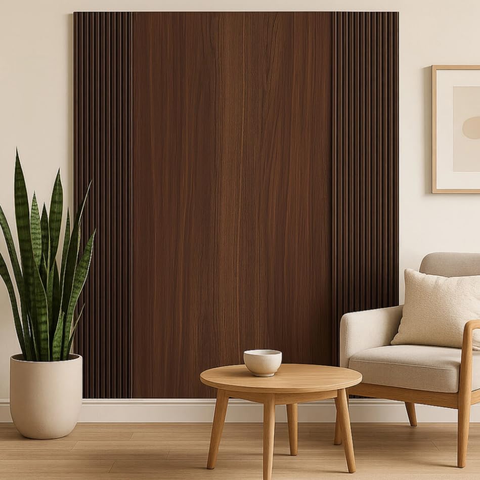 Modern living room with wooden table, chair, and plant against a brown panel wall.