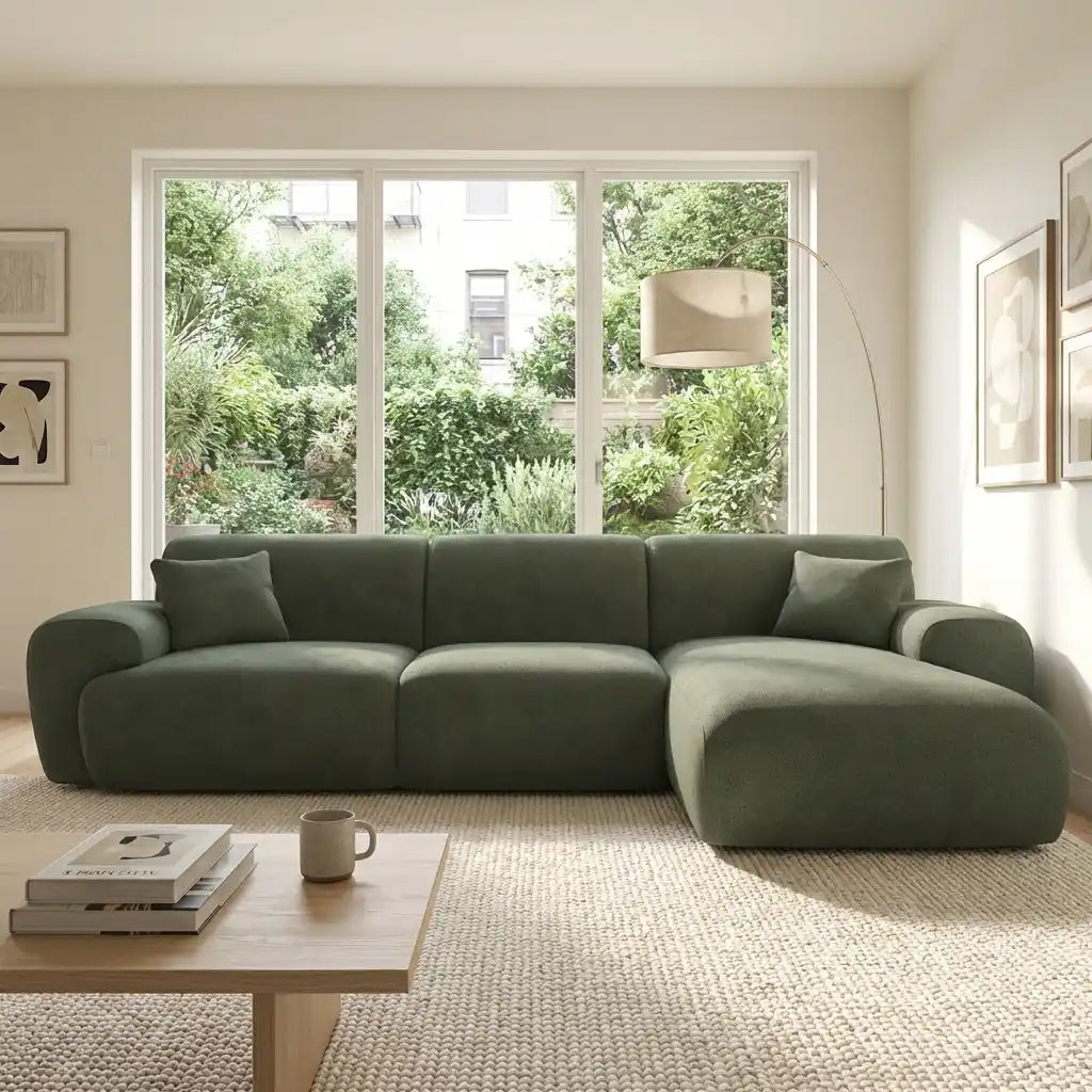 Large Green Chenille Right-Hand Chaise Corner Sofa – Comfortable 4 Seater for Modern Living Rooms