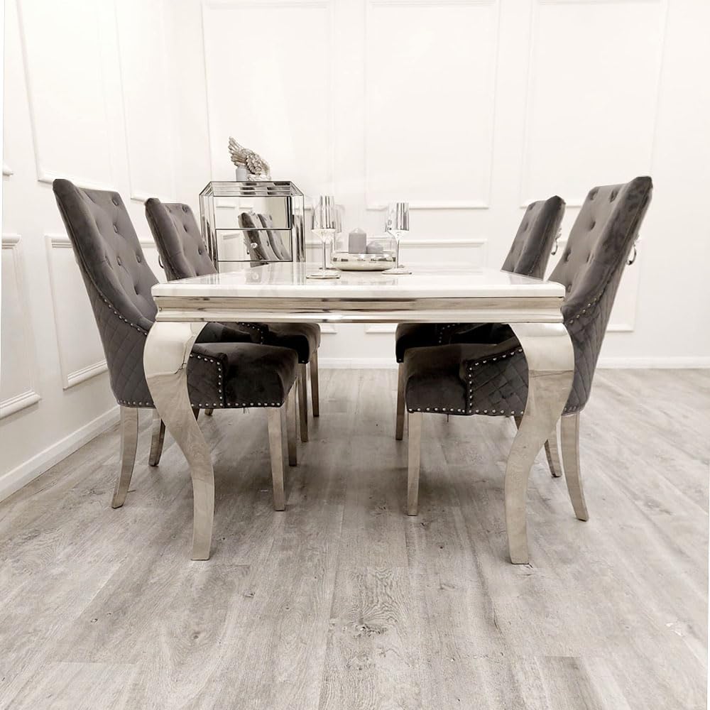 Louis Marble Dining Table – Modern Rectangular & Round Dining Room Table with Stainless Steel Base – Luxury Marble Top Dining Table for 4–6 People