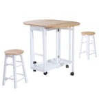 3 Piece Wooden Folding Dining Table Set with 2 Stools – 1020mm White & Pine | Space-Saving Compact Dining Furniture UK