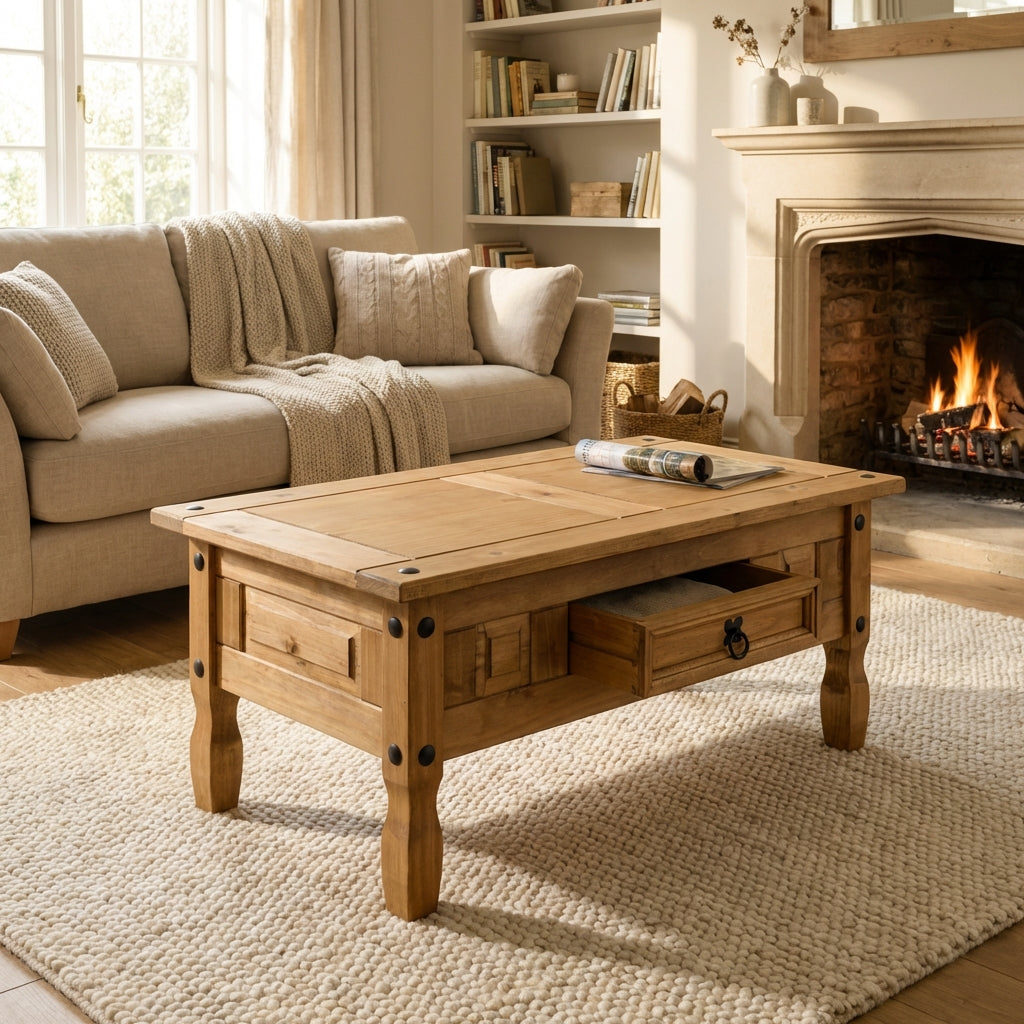 A rustic light oak coffee table with drawers and a lower shelf, styled in a cozy living room next to a beige sofa and in front of a fireplace.