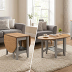 A split-screen lifestyle image showing a coffee table in a living room setting. The left side shows the table folded into an end table with a wooden drop-leaf style top and gray legs.