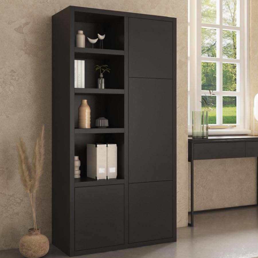 Larsen Tall Black Office Storage Cabinet – Wooden Filing Cupboard with Doors and Shelves – Industrial Home Office Furniture
