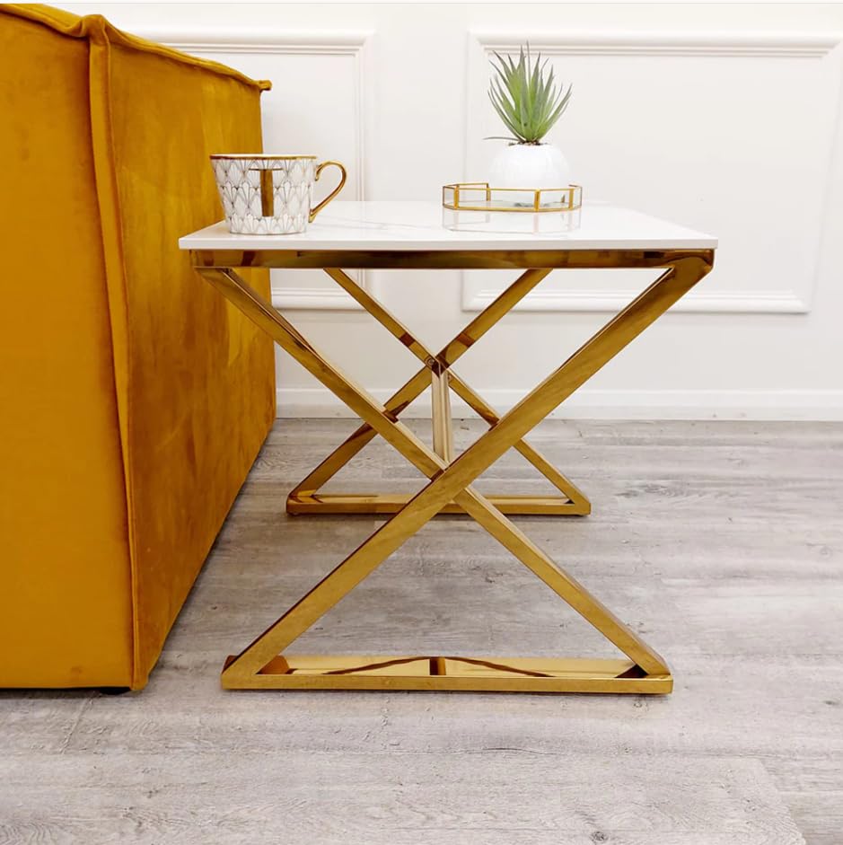 Zion Gold Console Table, Coffee Table & Side Tables Set – Slim Hallway Console, White Coffee Table & Small Side Lamp Tables