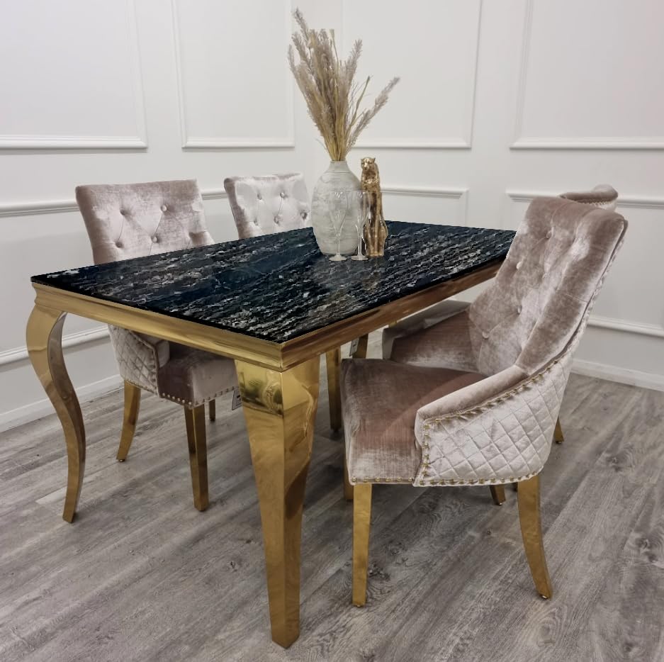1.8m Marble Top Dining Table with 4 or 6 Bentley Beige & Gold Chairs – Luxury Black & Gold Dining Set – Modern Lion Knocker Chairs