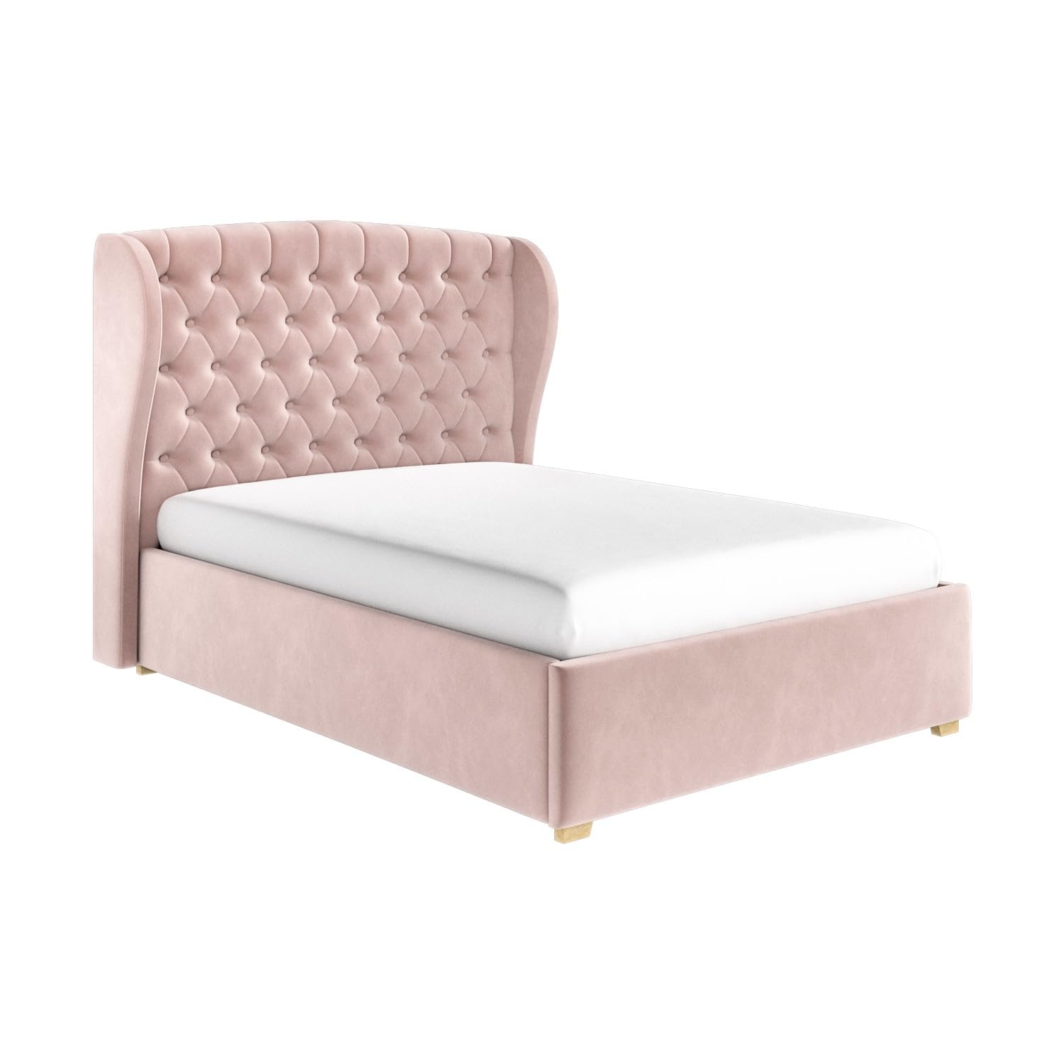 Safina Winged Ottoman Bed with Storage and Buttoned Headboard in Velvet or Fabric Mattress Option Available