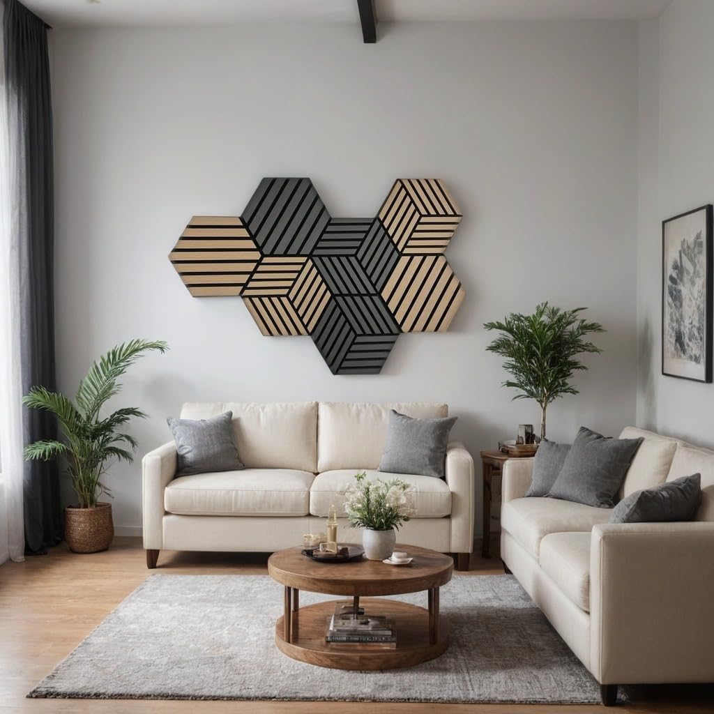 Modern living room with beige sofa, wooden coffee table, and decorative wall art.