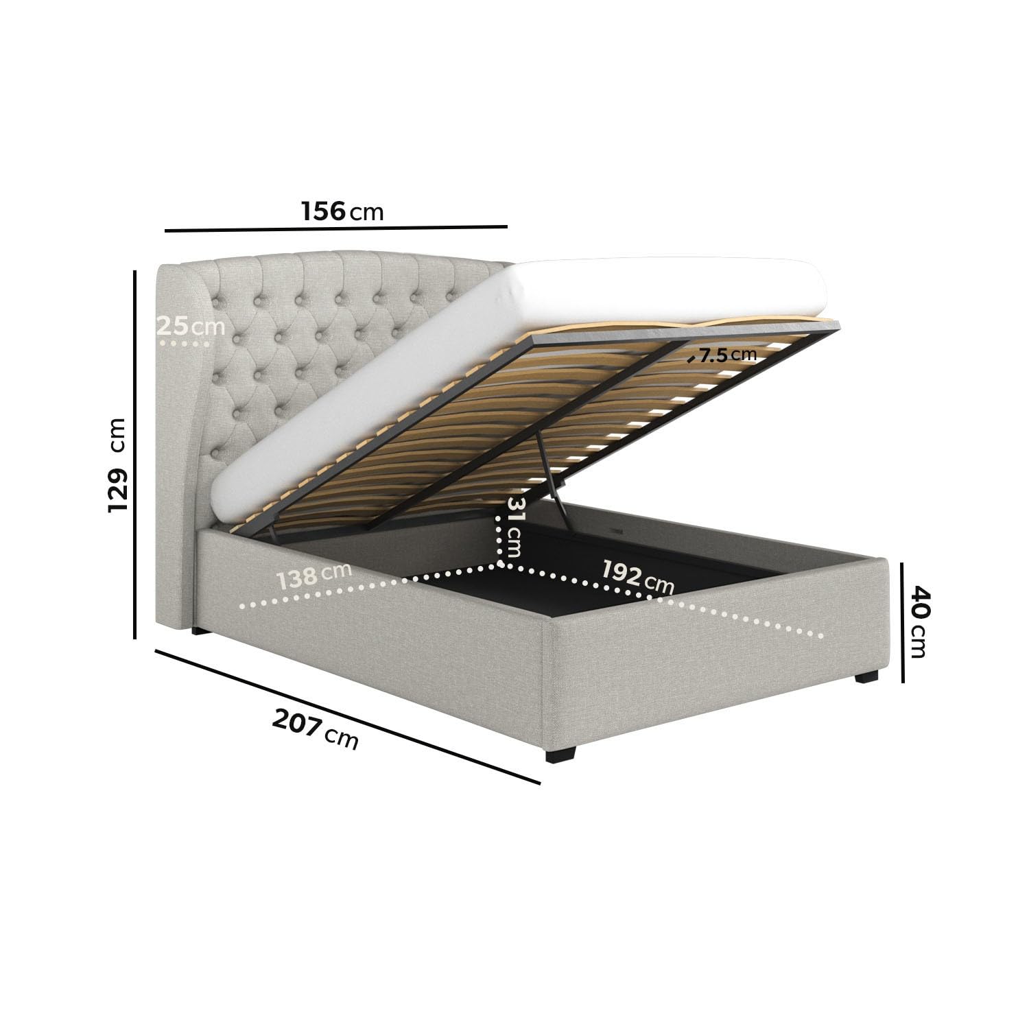 Safina Winged Ottoman Bed with Storage and Buttoned Headboard in Velvet or Fabric Mattress Option Available