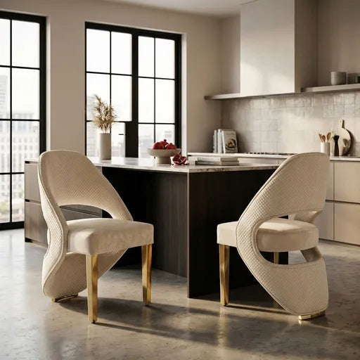 Two modern upholstered dining chairs with curved cream fabric seats and gold legs, placed at a kitchen island in a bright contemporary kitchen.
