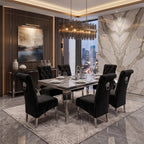 Luvon Contemporary Luxury Grey Marble Dining Table Set with High Back Emma Velvet Lionhead Knocker Chairs and Silver Chrome Frame