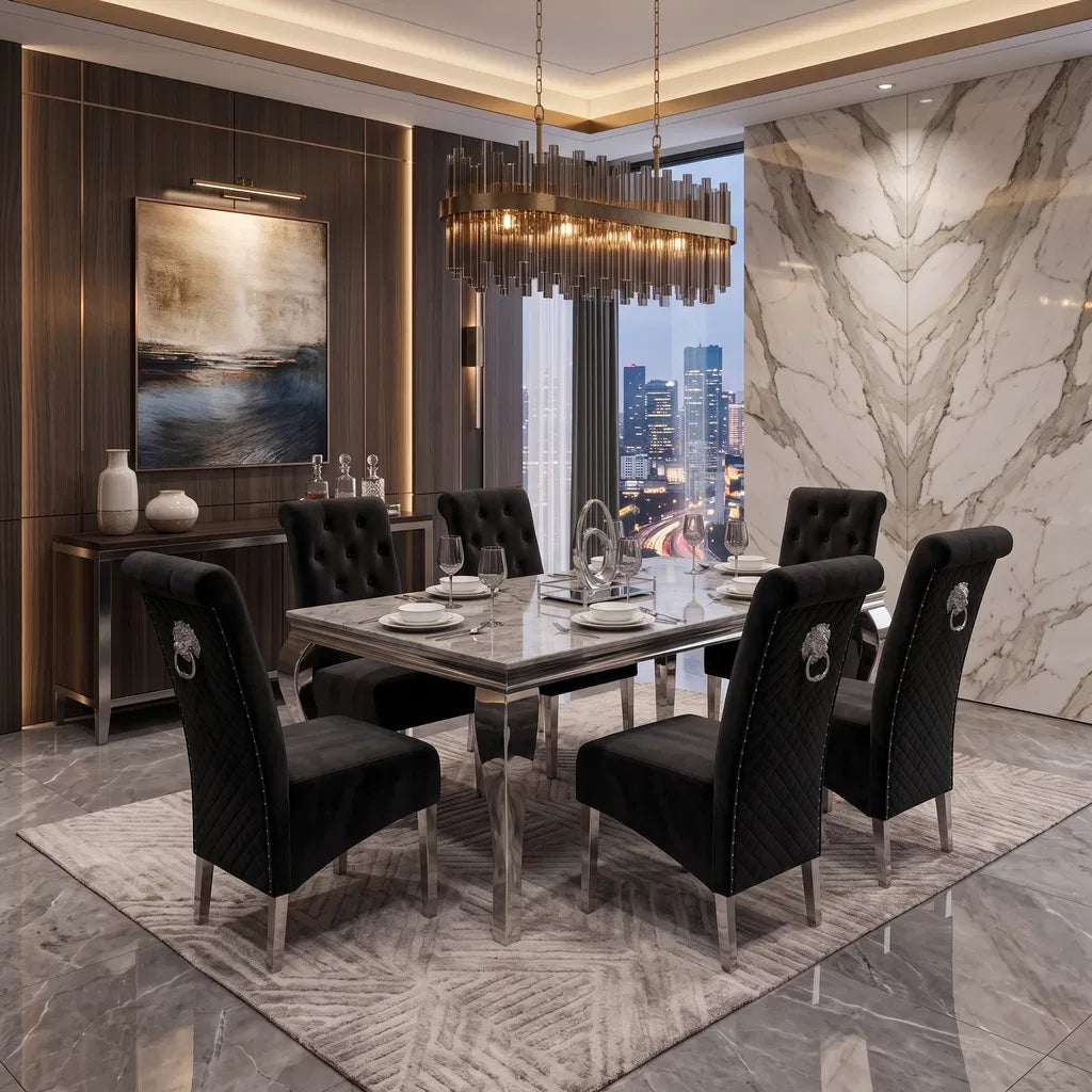Luvon Contemporary Luxury Grey Marble Dining Table Set with High Back Emma Velvet Lionhead Knocker Chairs and Silver Chrome Frame