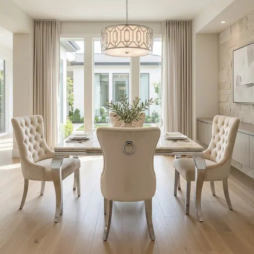 A modern dining room set featuring a rectangular marble-top table with a reflective chrome base and four tufted light gray upholstered chairs with silver nailhead trim, set on a light rug in a luxury high-rise apartment.