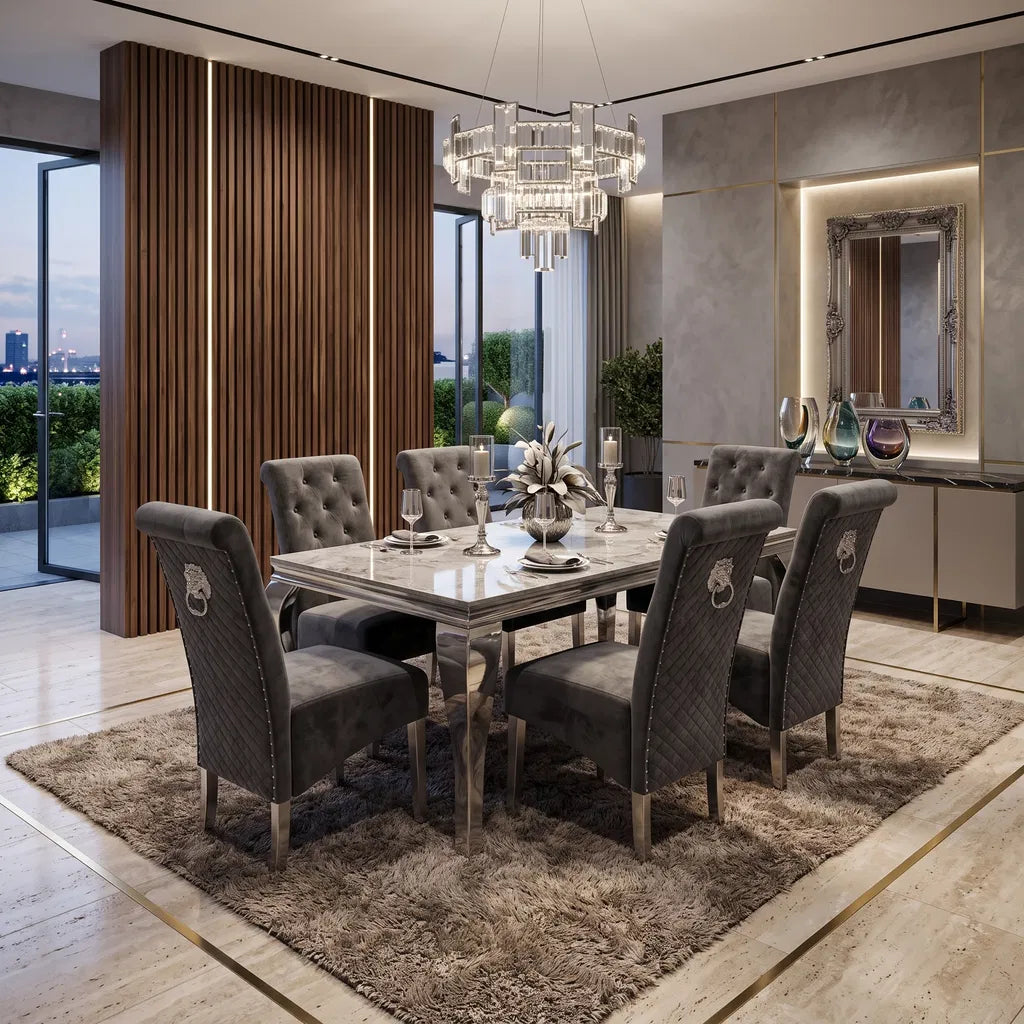 Luvon Contemporary Luxury Grey Marble Dining Table Set with High Back Emma Velvet Lionhead Knocker Chairs and Silver Chrome Frame