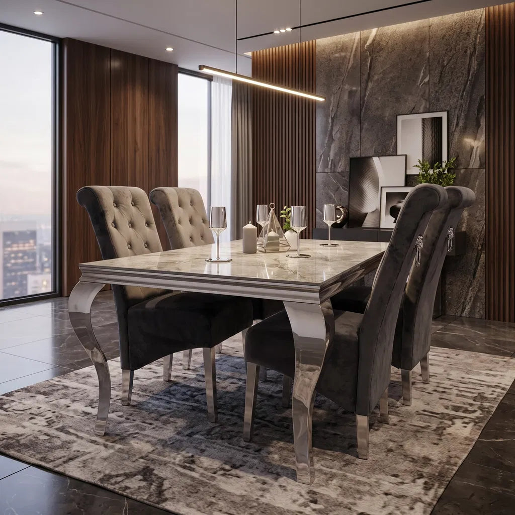 A luxury modern dining room set featuring a rectangular white marble table with silver chrome legs, surrounded by six high-back tufted gray velvet chairs with silver chrome accents, set on a patterned gray rug in a contemporary room with a dark marble accent wall.