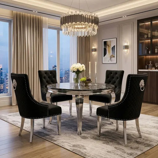 A luxury dining room set featuring a round marble-top table and four black tufted velvet chairs with silver nailhead trim and lion head ring pulls, set on a gray patterned rug in a high-end modern room.