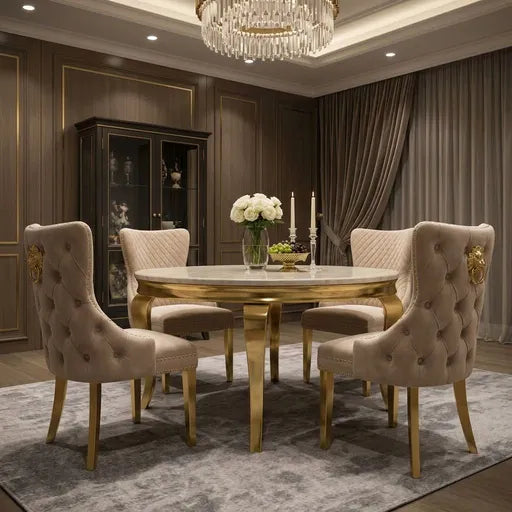 An elegant dining room setup featuring a round marble-top dining table with a gold frame, surrounded by four tufted beige upholstered chairs with gold legs. The room has dark wood paneled walls, a large crystal chandelier, and a gray patterned rug.