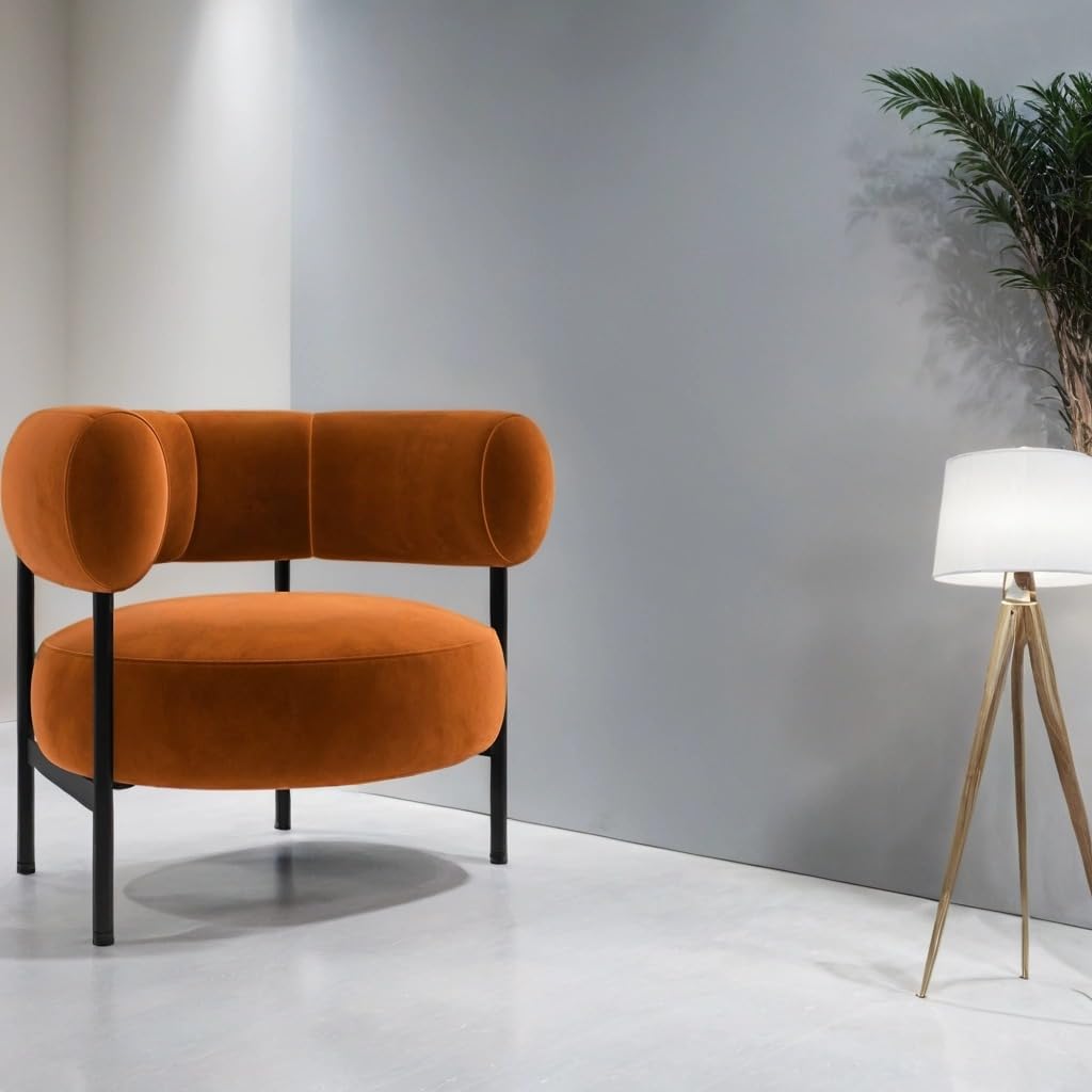 Romy Velvet Curved Armchair with Metal Legs – Recycled Velvet Lounge Accent Chair – Modern Upholstered Tub Chair – Living Room Seating