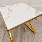 Zion Gold Console Table, Coffee Table & Side Tables Set – Slim Hallway Console, White Coffee Table & Small Side Lamp Tables