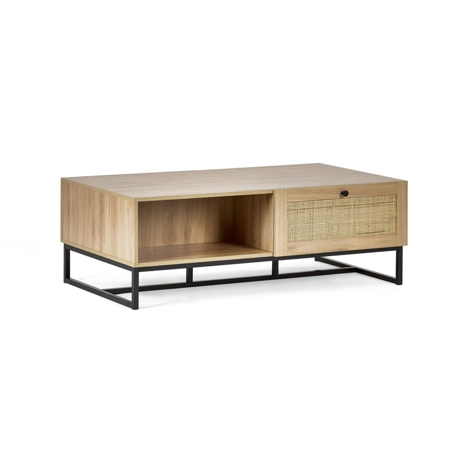 Rectangular Oak Coffee Table with Rattan Drawers – Rustic Wood Effect with Storage and Black Metal Legs