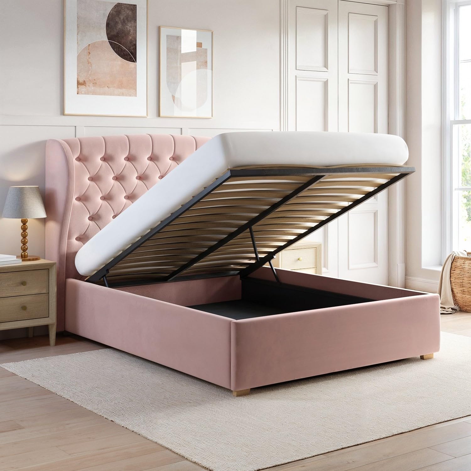 Safina Winged Ottoman Bed with Storage and Buttoned Headboard in Velvet or Fabric Mattress Option Available