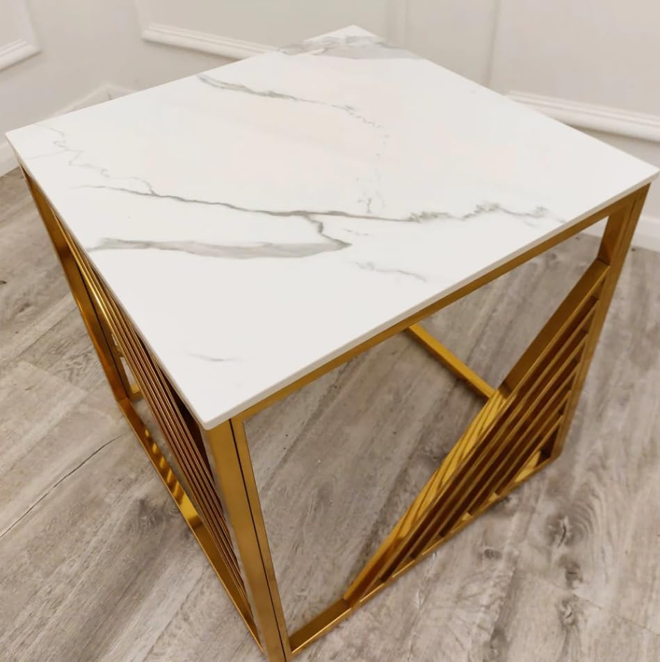 Azure Gold Console Table & Pair of Side Tables – Slim Hallway Console & Small Side Lamp Tables with White Sintered Stone Tops