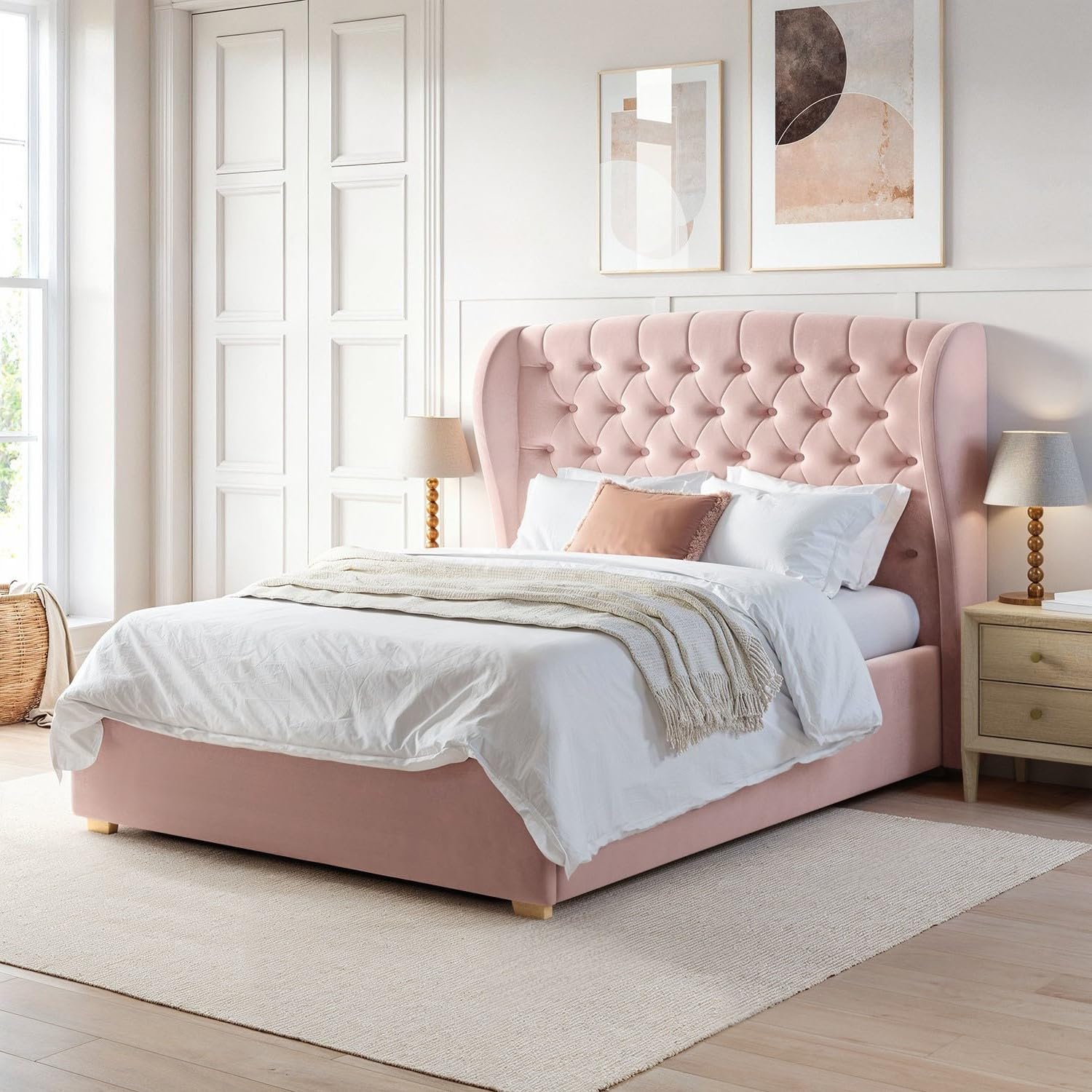 Safina Winged Ottoman Bed with Storage and Buttoned Headboard in Velvet or Fabric Mattress Option Available