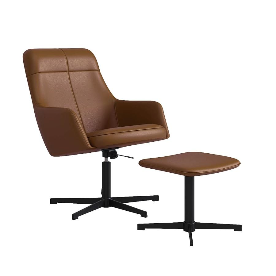 Luvon Mila Executive Swivel Reclining Office Chair – Faux Leather Accent Chair with Footstool – Tilt & 360° Rotation – Tan with Metal Base