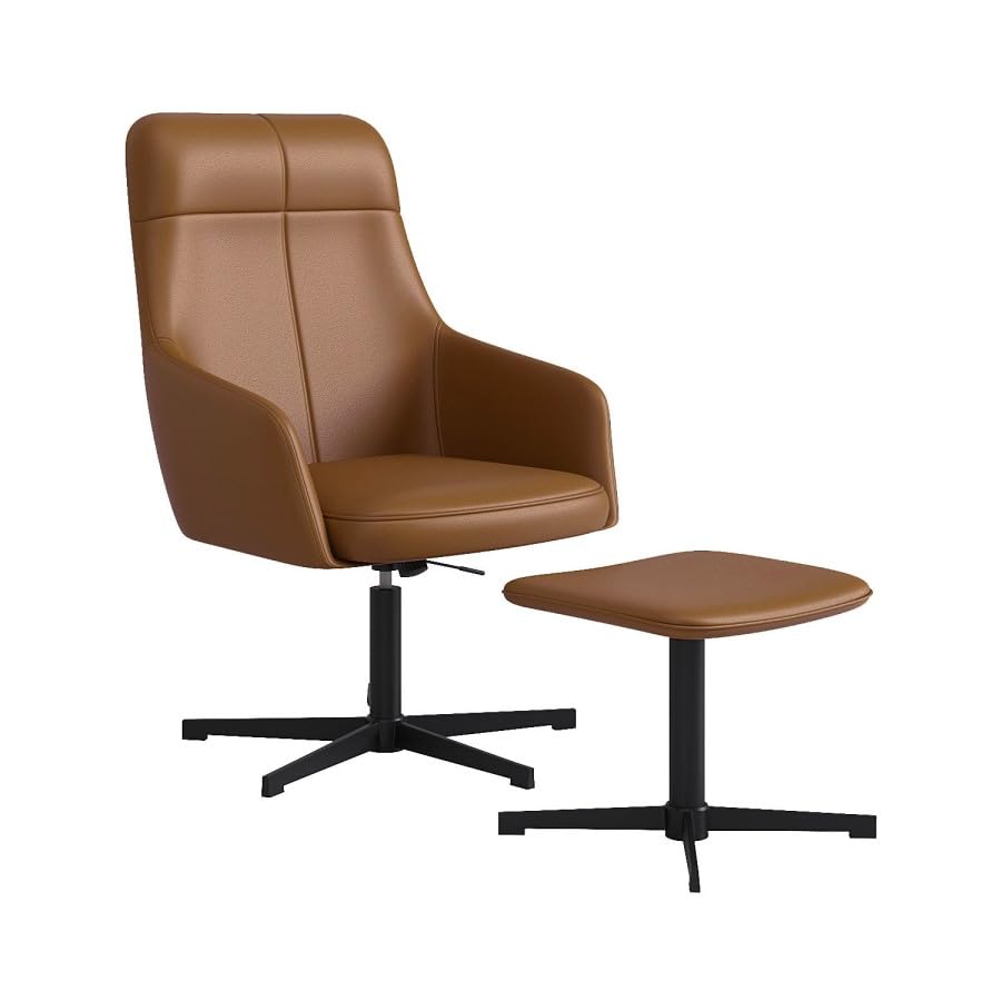 Luvon Mila Executive Swivel Reclining Office Chair – Faux Leather Accent Chair with Footstool – Tilt & 360° Rotation – Tan with Metal Base