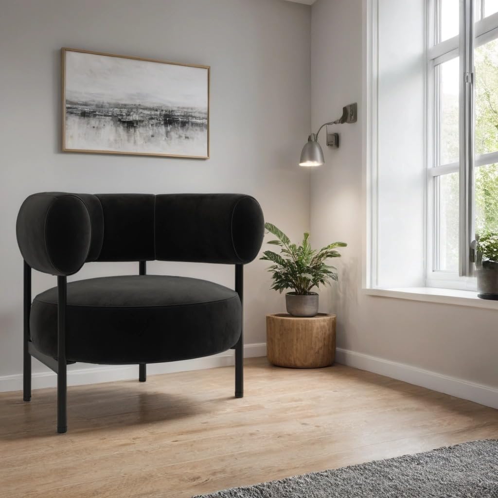 Romy Velvet Curved Armchair with Metal Legs – Recycled Velvet Lounge Accent Chair – Modern Upholstered Tub Chair – Living Room Seating