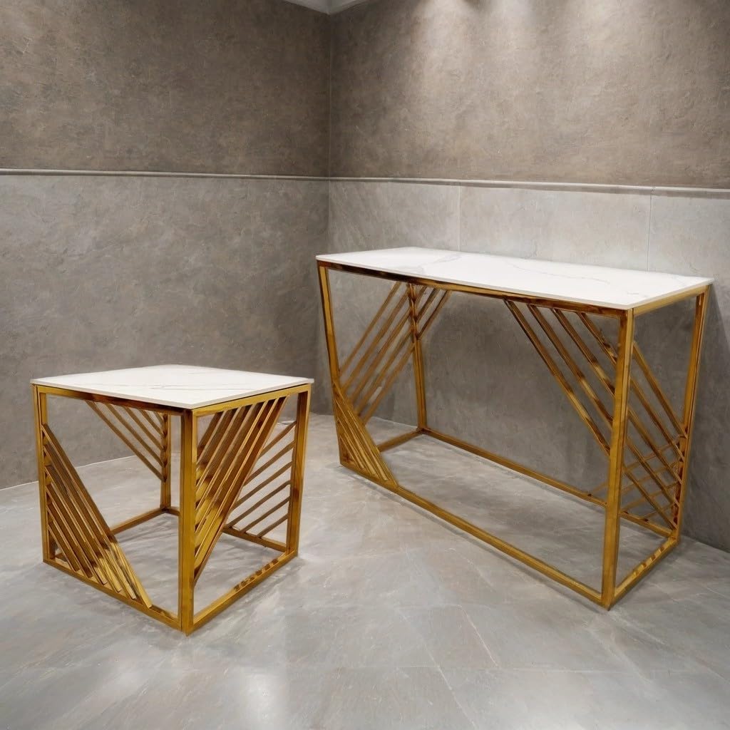 Azure Gold Console Table & Pair of Side Tables – Slim Hallway Console & Small Side Lamp Tables with White Sintered Stone Tops