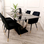 1.6m Dining Table and Chairs Set 4 – Black Sintered Stone Table with 4 Velvet Chairs – Chrome Dining Room Table Set