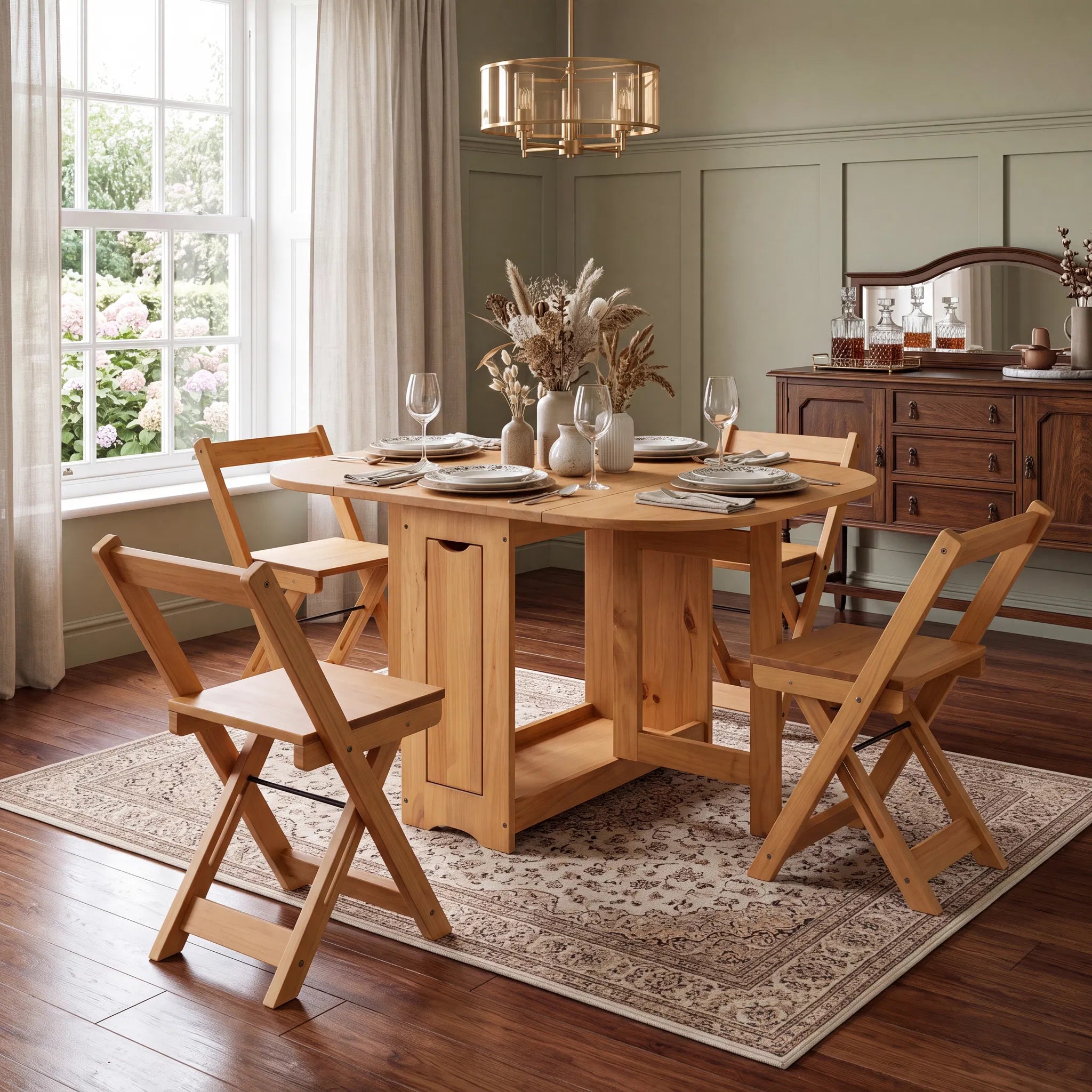 A light natural wood dining table set with four matching folding chairs, styled on a patterned area rug in a bright, traditional dining room.