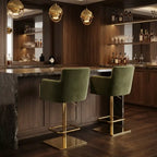 Olive Green Velvet Swivel Bar Stool – Adjustable Breakfast Bar Chair with Gold Base