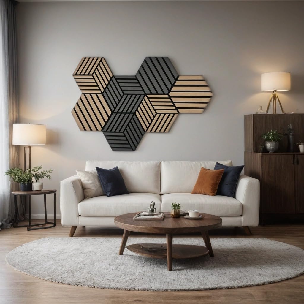 Modern living room with a white sofa, wooden coffee table, and geometric wall art.